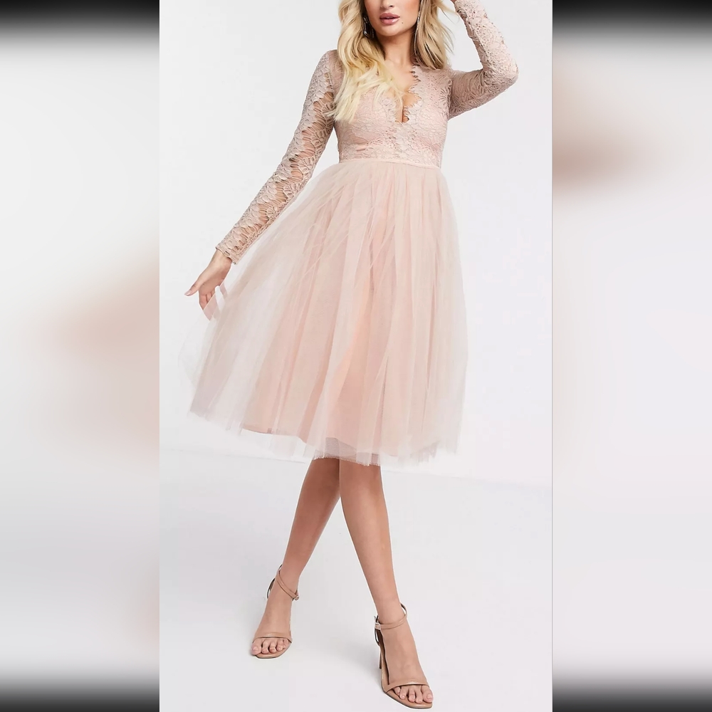 Rare London Tulle Lace Midi Dress ASOS Beautiful Pink Blush Nude Color